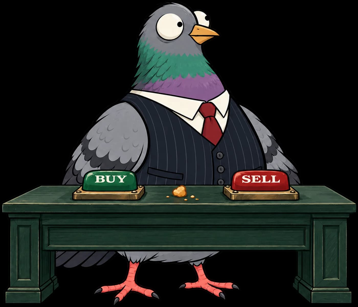Peck, a wide-eyed pigeon in a tiny tie, behind a forest-green desk with physical BUY and SELL keys and one crumb.