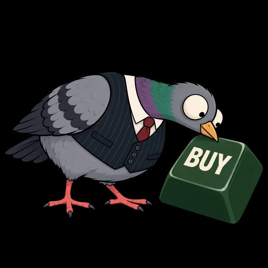 Peck leaning forward to peck a physical BUY key.