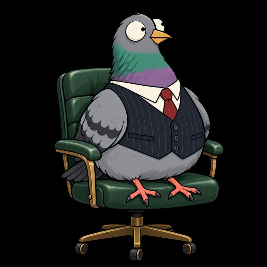 Peck sits upright in a boardroom chair, chest puffed and wings folded.