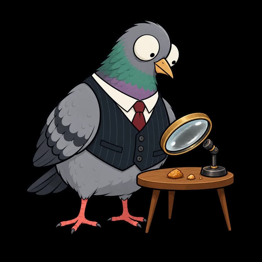 Peck studies three crumbs through a magnifying glass on a stand.