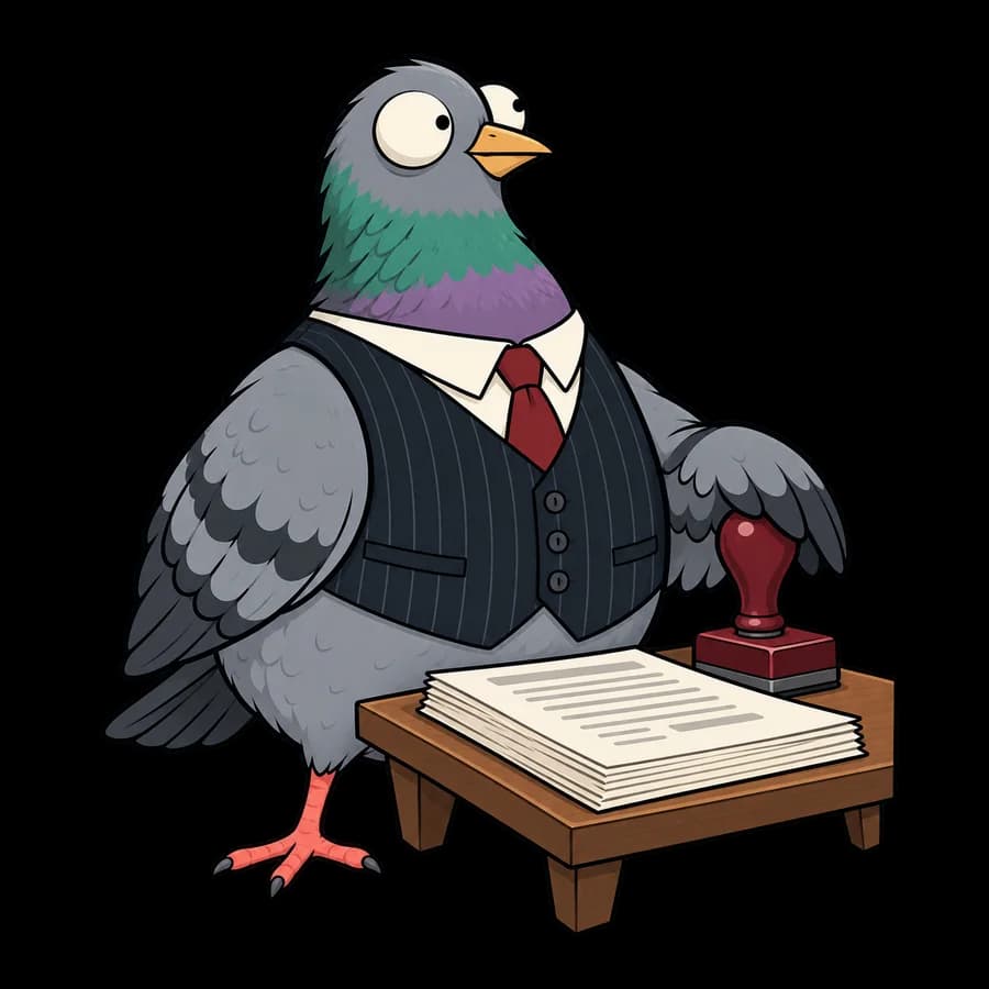 Peck confidently inspects a paper report beside a burgundy rubber stamp.